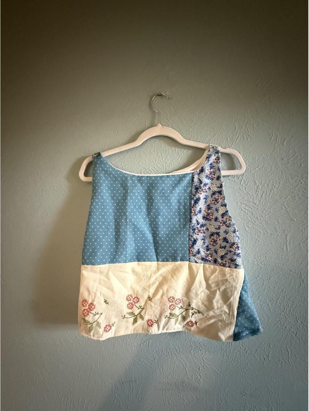Handmade embroidered feedsack teatowel custom reversible tank top white blue
